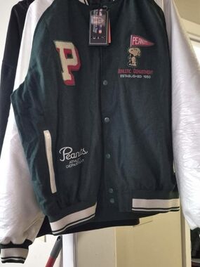 Peanuts Dark Green and White Varsity Bomber Jacket with Snoopy Patch